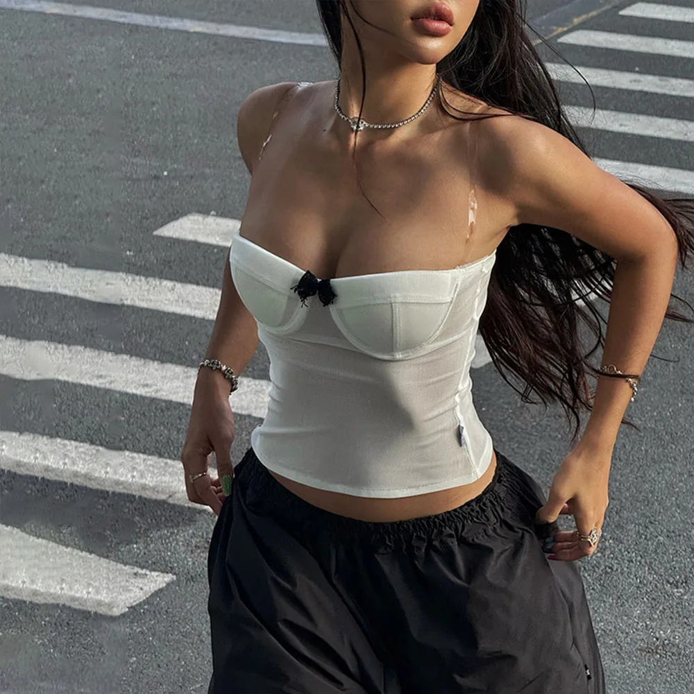 

Strapless Contrast Bow Stitched Tube Top For Women Summer Vintage y2k Casual Basic Crop Tops Sweet Elastic Camis with Bras