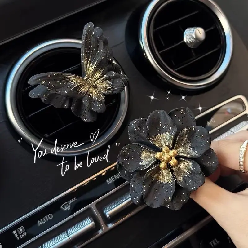 Black Gold Butterfly Car Air Vent Clip Aroma Stone Diffuser Flower Auto Interior Decor Premium Gift