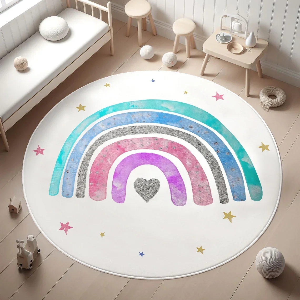 Rainbow Round Floor Mat - Washable, Fun & Colorful Area Rug for Kids Room, Bedroom, Living Room, Chair Swivel, Playful Decor