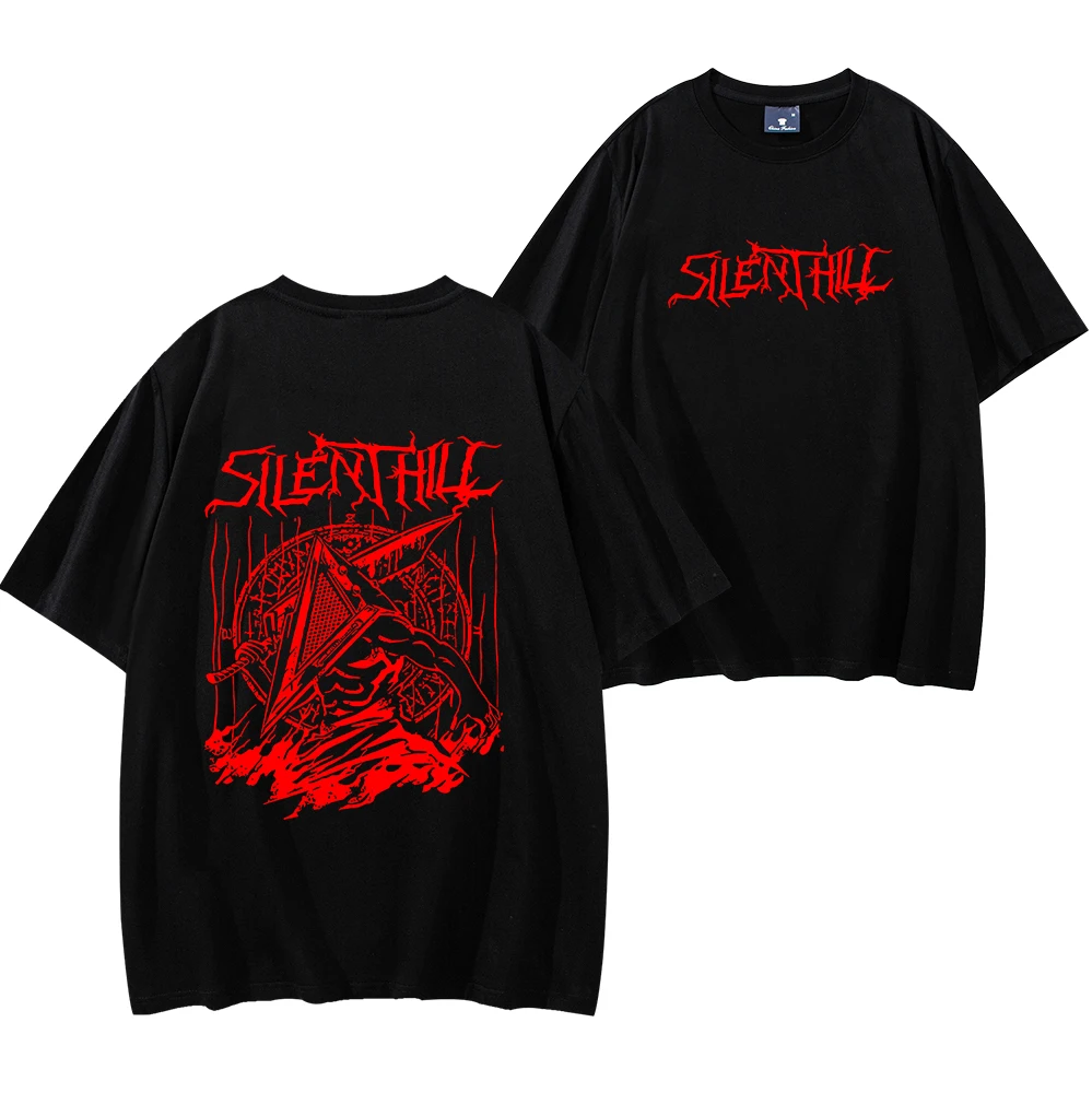Camiseta Silent Hill 2 Unisex con cabeza de pirámide Konami, camiseta de videojuego de terror de Metal, ropa de calle de manga corta para hombres y mujeres