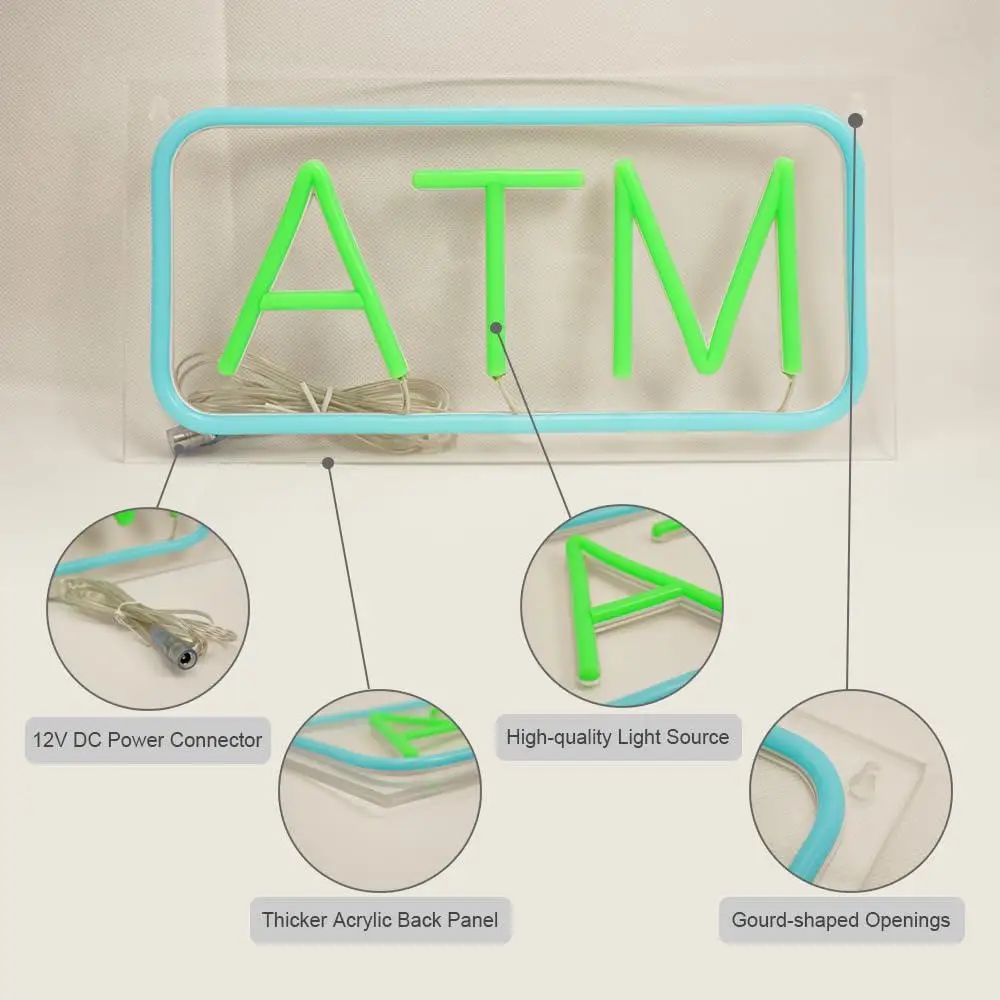 ATM Neon Sign Dimmable LED Light for Convenience Store Gas Station Liquor Shop Wall Window Display Commercial Business Art Sign