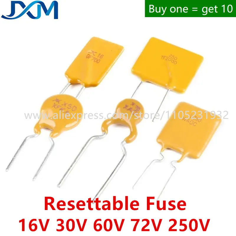 10pcs/lot Resettable Fuse 16V 30V 60V 72V 250V 0.5A 0.9A 1.1A 0.75A 1.35A 1.6A 1.85A 2A 2.5A 3A 3.75A 4A 5A 7A 12A DIP