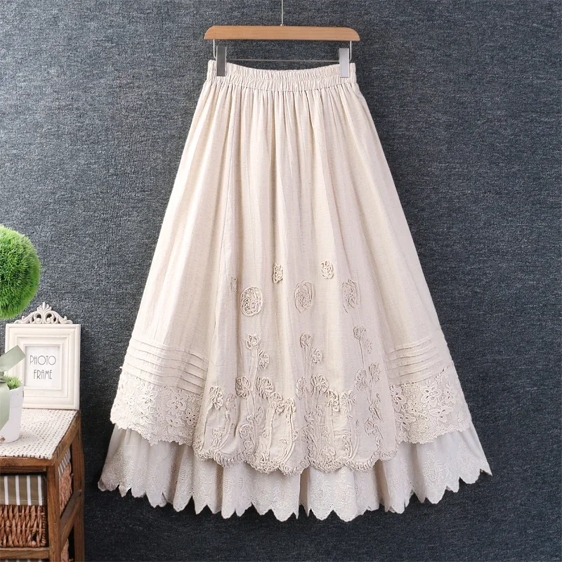 

Spring Sweet Mori Girl Japan Style Solid Embroidered Skirt Women Harajuku Elastic Waist Casual Double Layer Cotton Linen Skirts