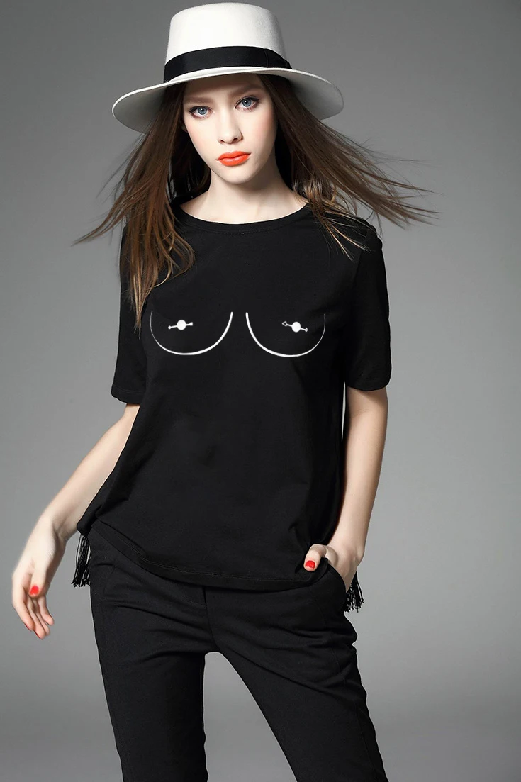 

YRYT Loose Cotton T-Shirt with Spoof Fun Pattern & Breast Studs Short Sleeve Women's Crop Top in Various Styles & Sizes