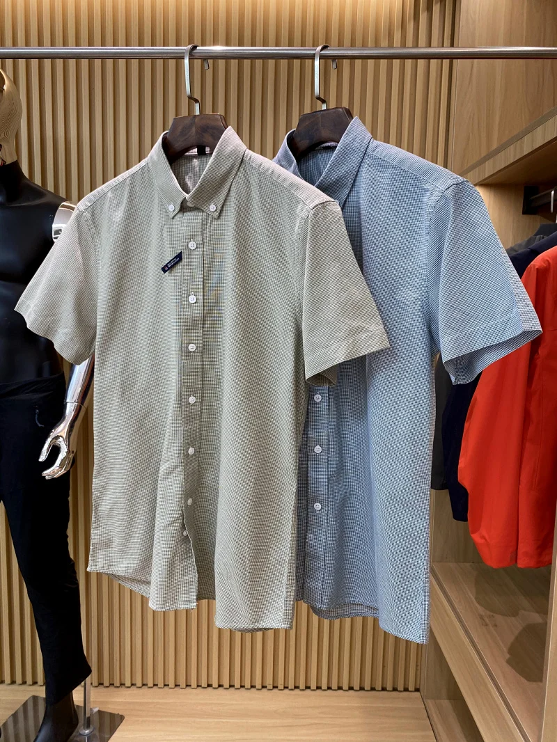 Kemeja Pria Musim Panas Bahan Katun Oxford, Kasual Serbaguna, Kerah Tegak, Cocok untuk Sehari-hari, Warna Polos