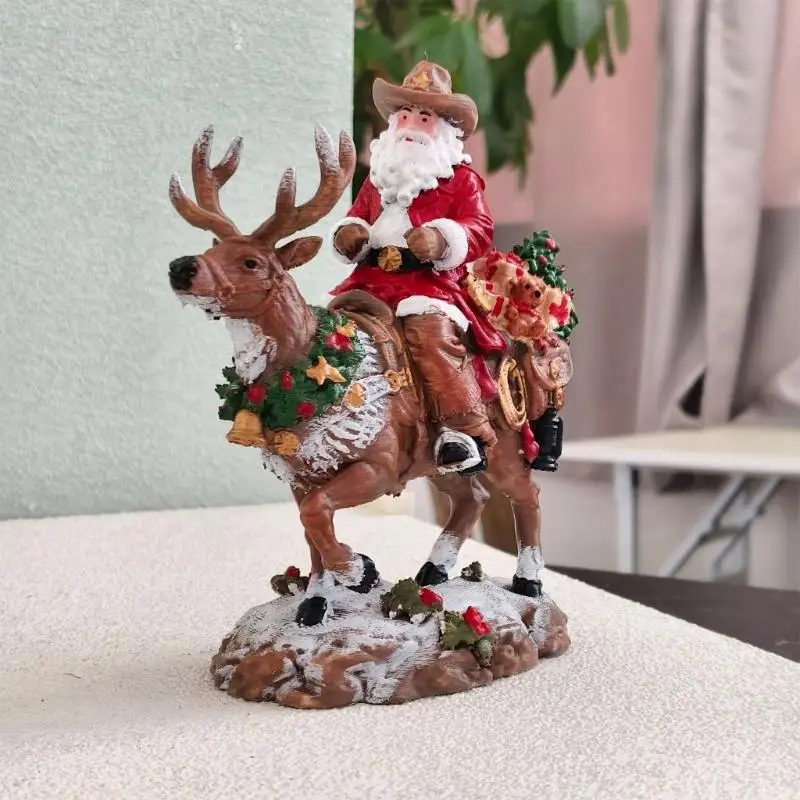 Western Santa Figurine Cowboy Santa Resin Statue Table Ornaments Home Decoration With Hat, Western Attire, and Snow-Effect D2RD