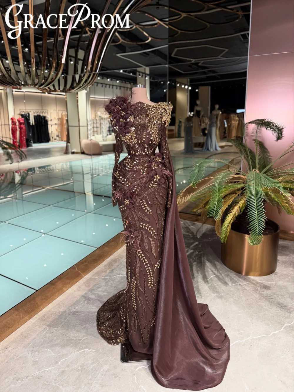 

Brown Luxury Crystal Evening Dress Handmade 3D Floral Mermaid Wedding Party Gown Customized Stylish Long Beaded Prom Dresses