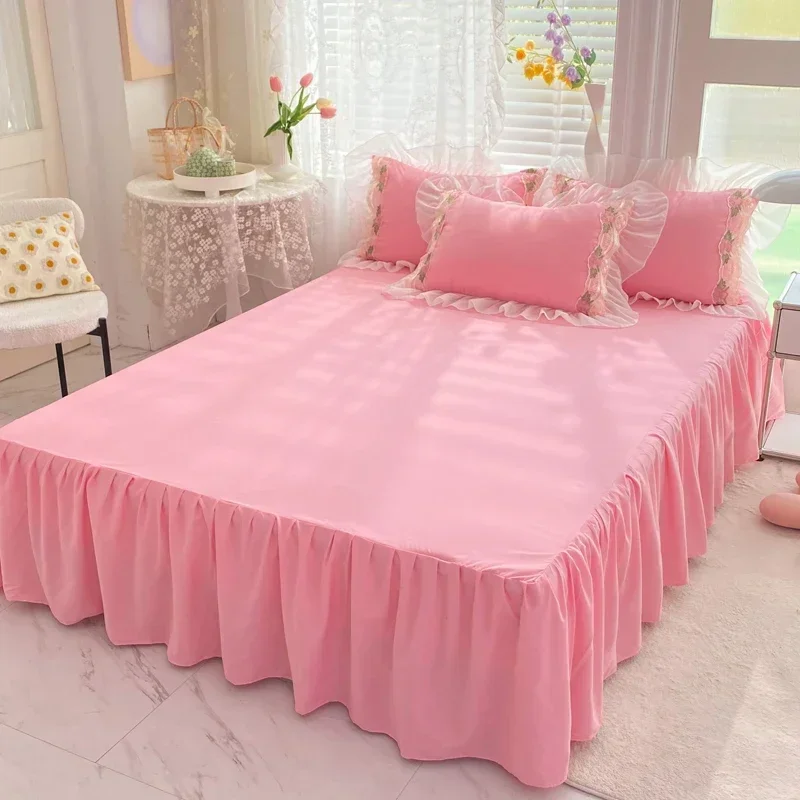 

Princess Wedding Bedding Set Luxury Floral Chiffon Ruffles Quilt Cover Bed Skirt Sheet and Pillowcase for Girls Woman Bedclothes