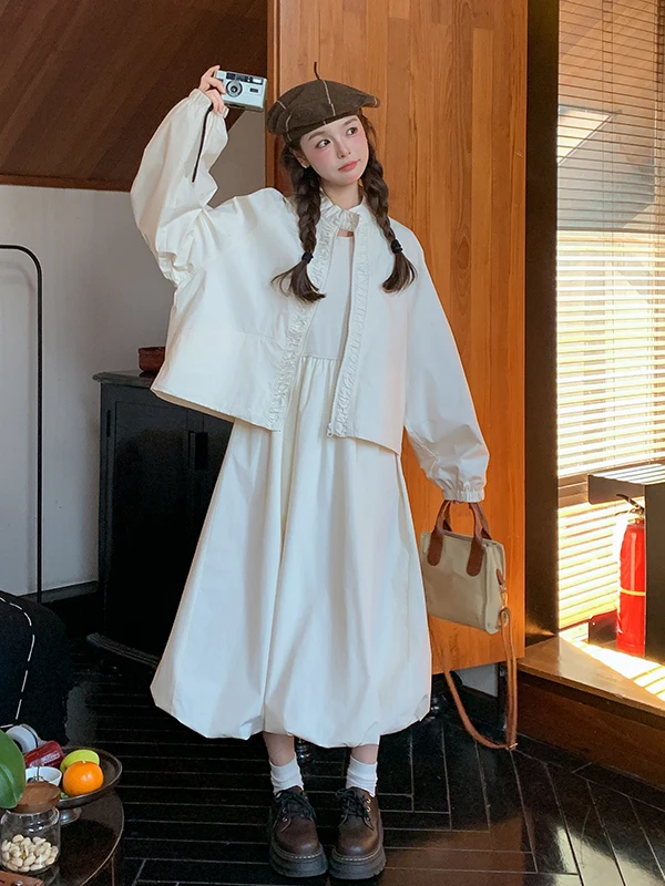 

White Short Jacket Two-Piece Set Vest Dress Women's Early Spring 2026 New Elegance Casual Long Skirt Korean Style High Waist