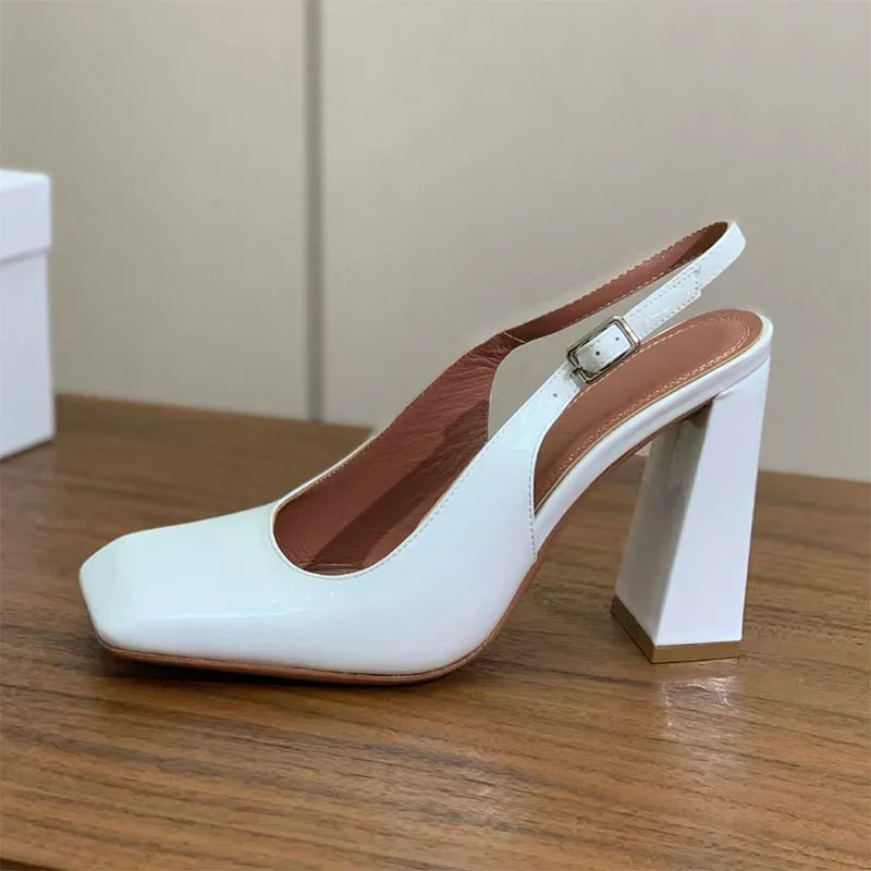

Sexy High Heels Women Pumps Square Toe Party Shoes Woman Patent Leather Buckle Strap Slingbacks Square Heels Sandals Woman