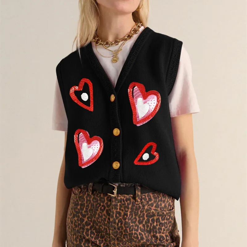 Women Valentine's Day Sequin Vest Embroidered Button Sweater Vest V Neck Sleeveless Cardigan Holiday Knit Cardigan Top