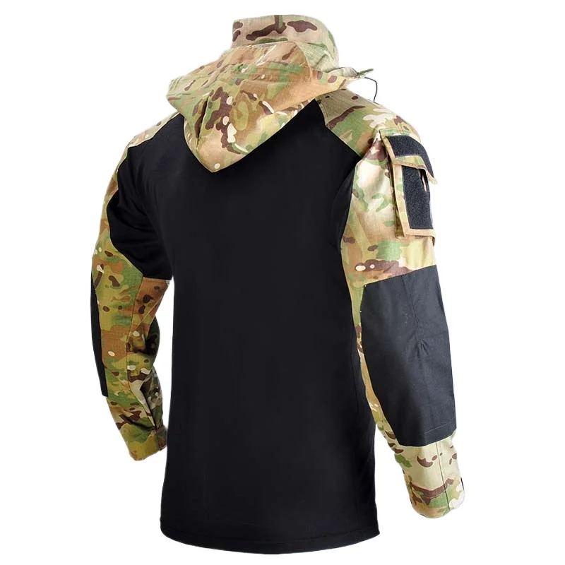 Outdoor Shirts Camo Combat T-Shirt Hooded Mens Working Tactical Shirt Airsoft Paintball Camping Hunting Clothing Wear-resisting