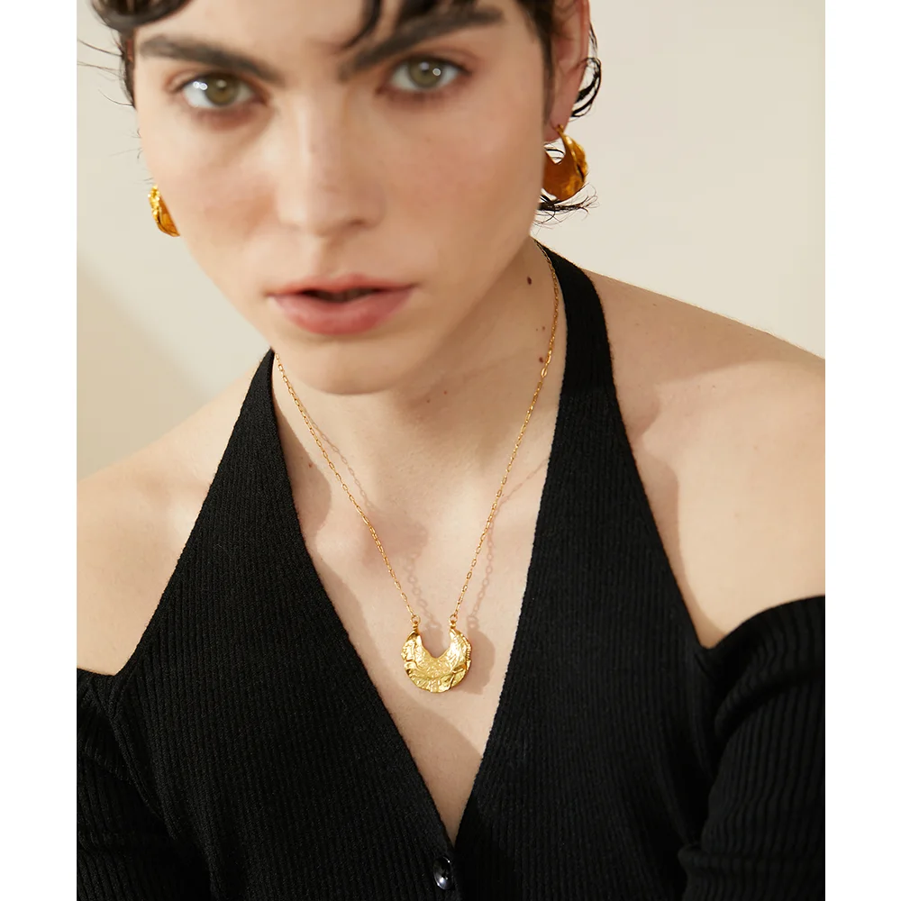 Yhpup Statement Stainless Steel Fashion Geometric Crescent Moon Pendant Necklace Women Gold Color Waterproof Charm Jewelry New