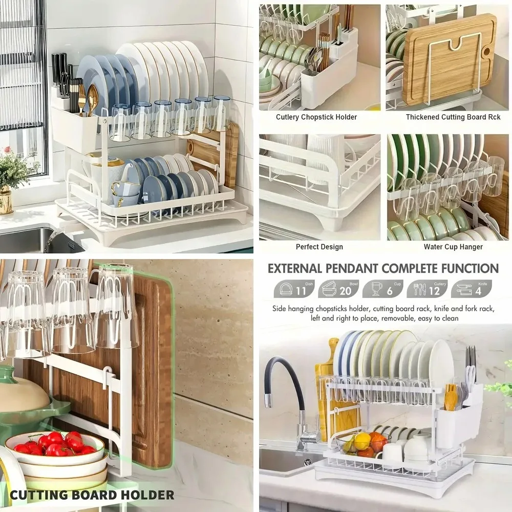

2-Tier Black Carbon Steel Dish Drying Rack with Utensil Holder, Dishwasher Drainer for Dishware
