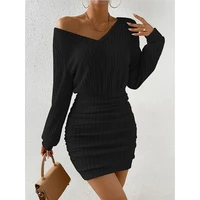 Women's Autumn Winter Knitted Sweater Mini Dress Female Casual Solid Wrap V-neck Long Sleeve Warm Bodycon Short Dresses Robe - Image 3