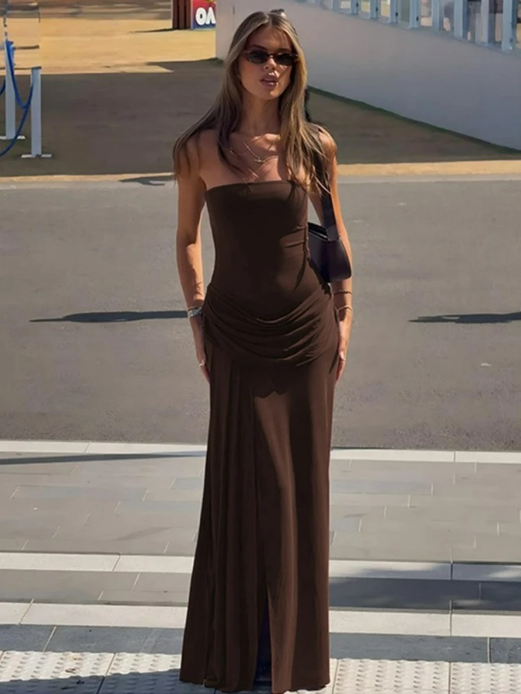 

Woman Clothes 2026 Summer Strapless Ruched High Slit Beach Dress Lady Sexy Off Shoulder Sleeveless Solid Long Maxi Party Dresses