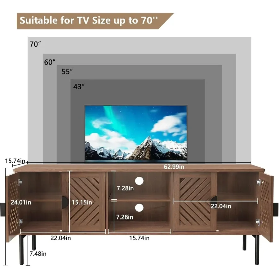 63 TV Stand for Living Room, Engineered Wood Entertainment Center with Storage Shelves, Brown Finish, Modern Style and Sturdy C view 2