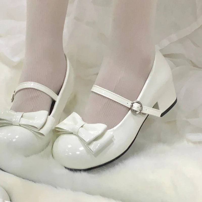 Sweet Low-heeled Sweetheart Cute Lolita Girl Round Head Toe Bow Women's Shoes Japanese Style Casual Elegant Pumps Femme