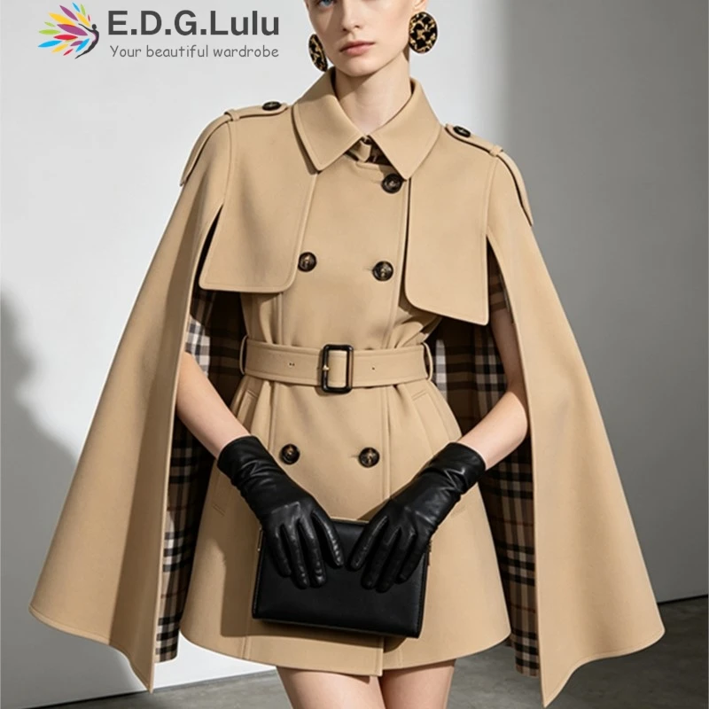 EDGLuLu  Korean Fashion Turn-Down Collar Double Breasted Suit Jacket Design Shawl Long Sleeves Khaki Blazer Coat 0924