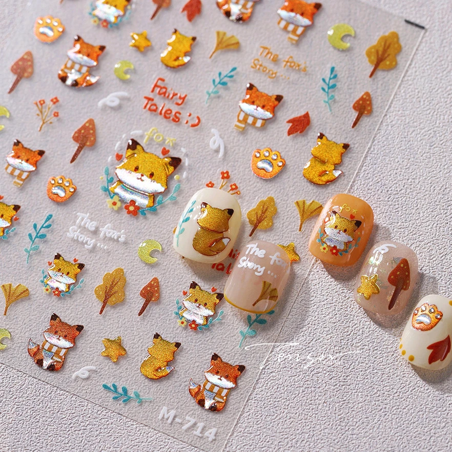 Lovely Cartoon Gold Stamped Fox Mushrooms Leaves Stars Moon 3D Jelly Self Adhesive Nail Art Stickers Cute Animal Manicure Decals