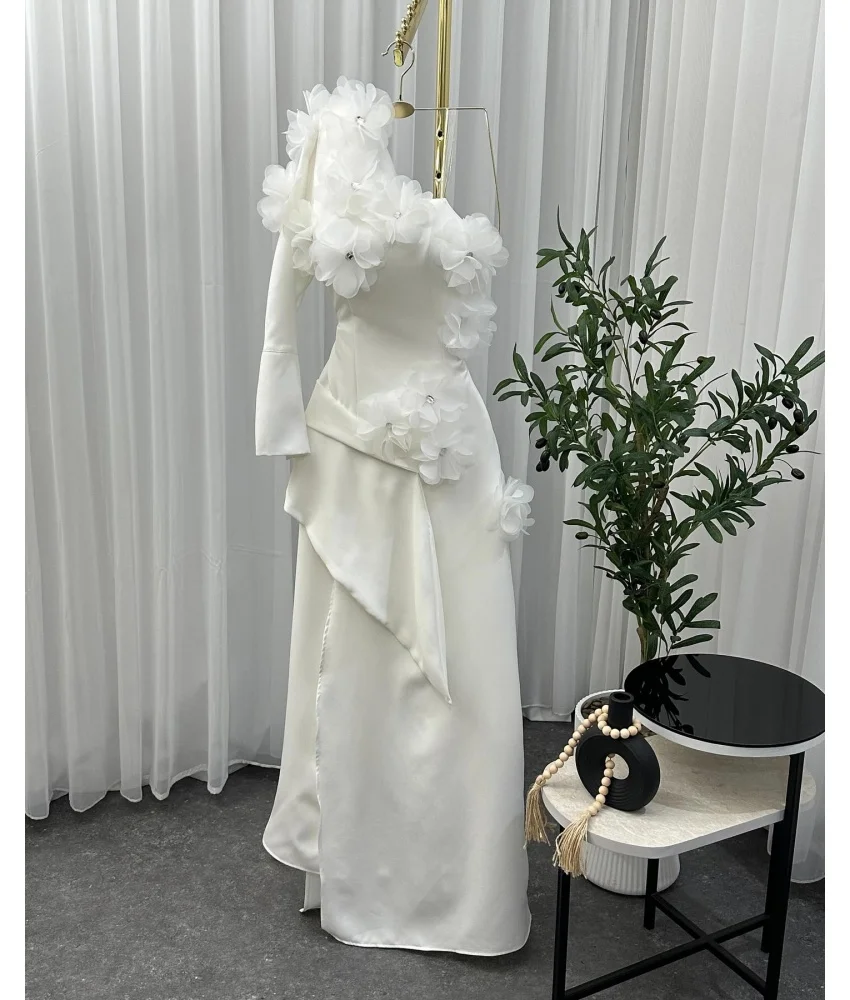 

Customized Sexy Jersey A-Line One Shoulder 3D Flowers Crystal Evening Dress Delicate Long Sleeves Floor Length Party Gowns