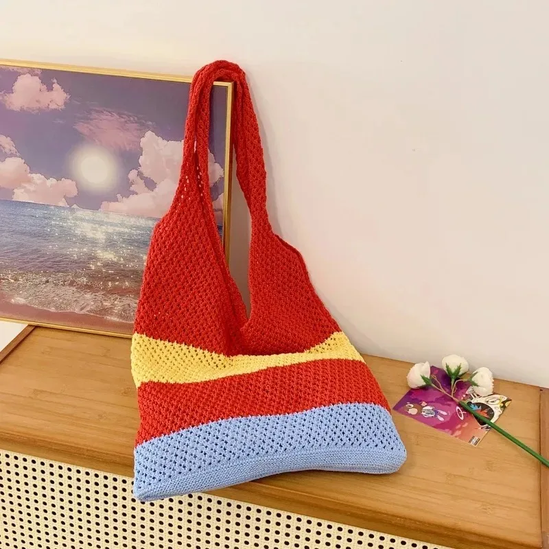 

Fabric Hollow Out Shoulder Bag Striped Patchwork Fashion 2025 Hot Sale Bags for Women Commuting Large Capacity Beach Tote Bags