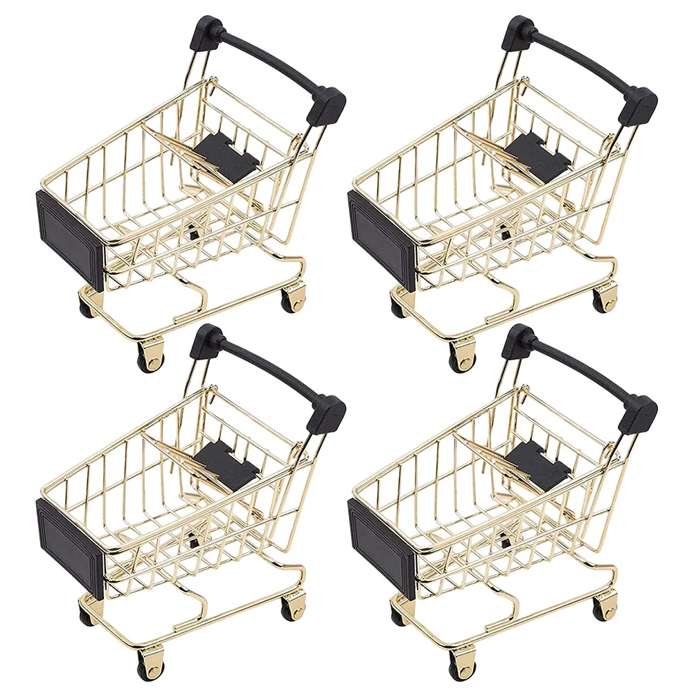 

4 Pcs Metal Trolley Storage Basket Salon Cart with Wheels Makeup Organizer Mini Shopping Decor Miniature Toy Accessories Office
