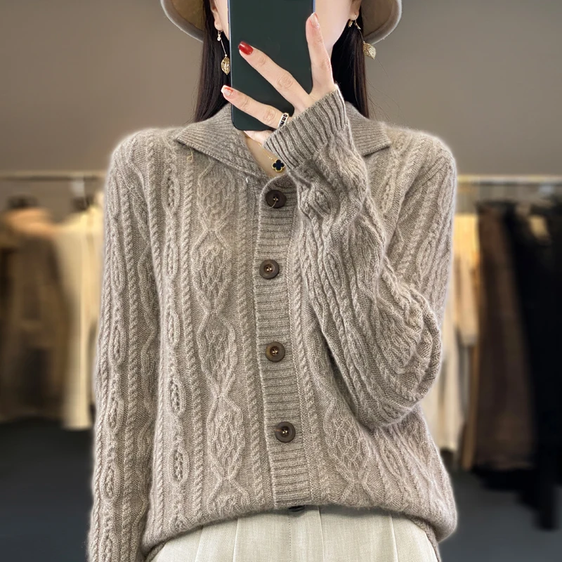 

100%Pure Wool.2024 Autumn And Winter New Solid Color Cardigan ForWomen, thickened. Loose And LazyLong Sleeved Wool Knitted Top