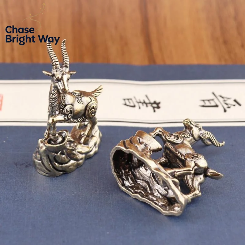 Feng Shui Zodiac Goat Statue with Vintage Lucky Coins Desk Ornament Bring Positive Vibe for Home Office Decor Gift