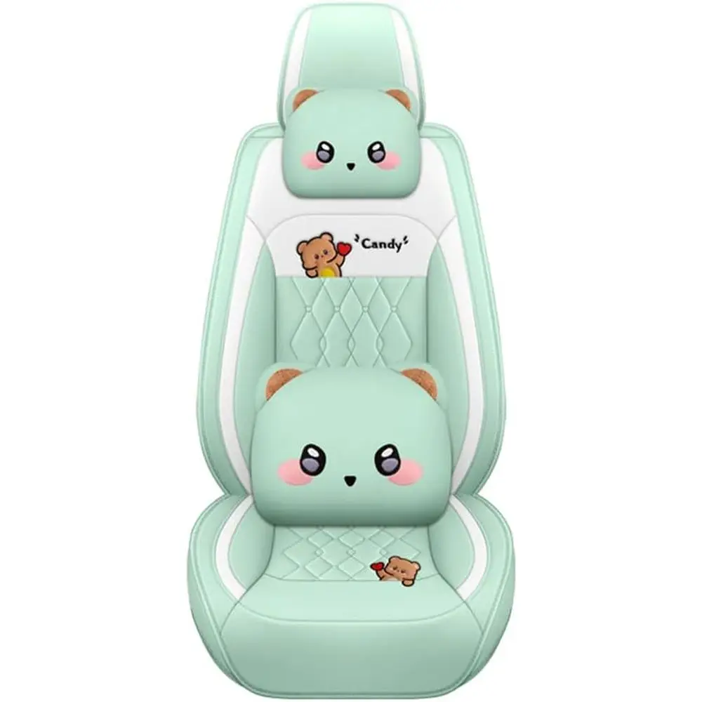 Green Cartoon Bear Car Seat Cover Set for Women, Suitable for Cars, SUVs, and Trucks