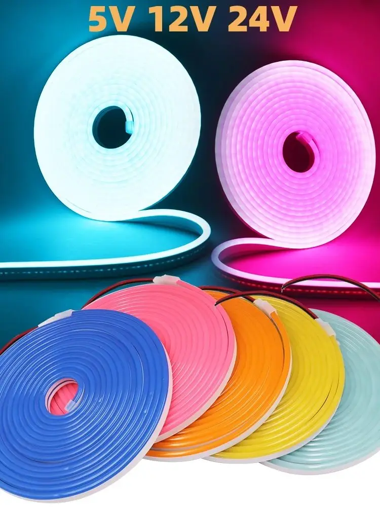 Bande LED néon 5V 12V 24V, avec fil à 2 broches, 120 diodes/M, Tube en silicone IP67, lampe douce et Flexible, corde de signe lumineux pour bricolage, 3000K-6500K