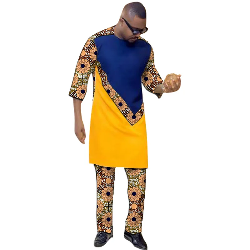 Nigerian Design Men's African Fashion Navy&Yellow Patchwork Top Shirts With Pants Print Male Party Outfits