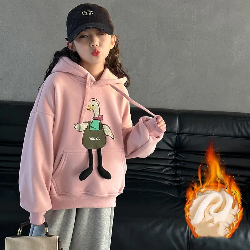 ZOETOP Autumn Winter School Girl Plus Velvet Sport Shirts Junior Girl Cartoon Hooded Sweatshirt Children Girl Long Sleeve Tops