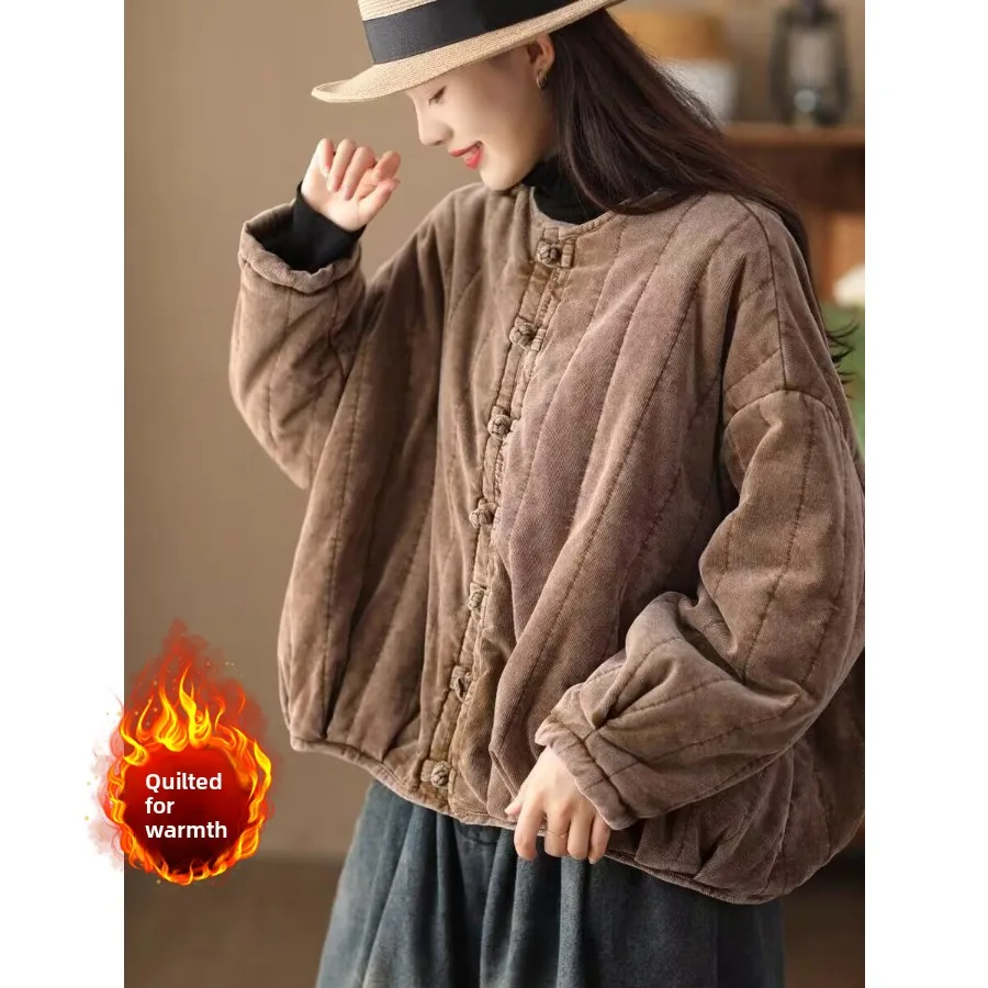 레트로 중국풍 슬루핏 코튼 자켓 버튼 라운드 넥 벨벳 코트 티엔드 대형 사이즈 여성 겨울 코트