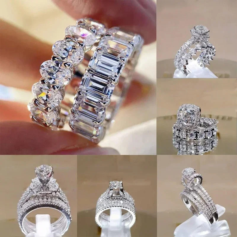 2 PCS/Set Zircon Crystal Series! Trendy Rings Set For Women Wedding Engagement  Jewelry Famle Hand Accessories Size 5-11