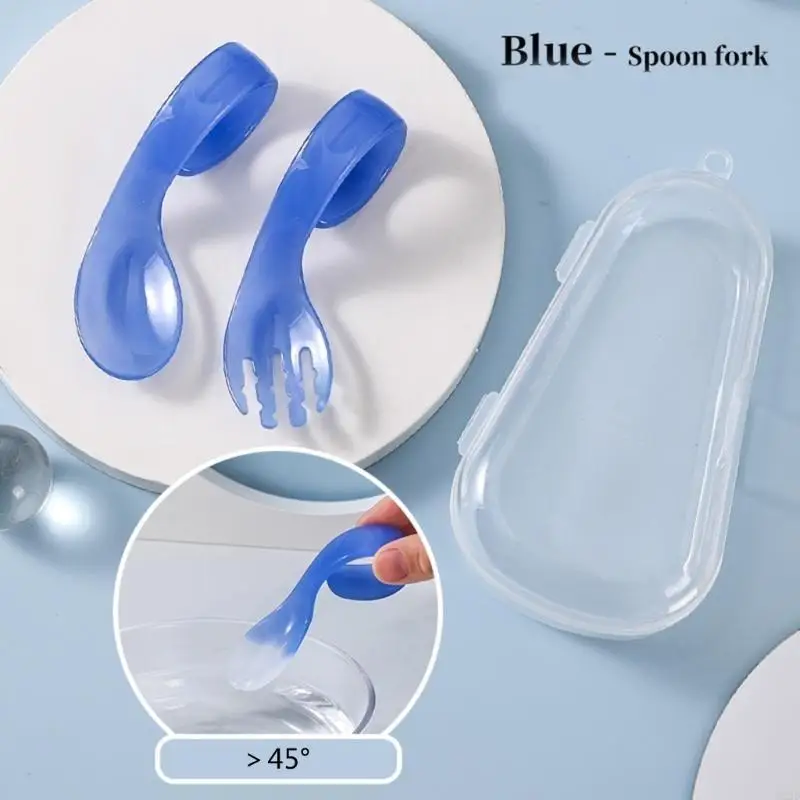 

Q22D Cartoon Spoon Fork Set Curved Feeding Tableware Eat Training Color Changing