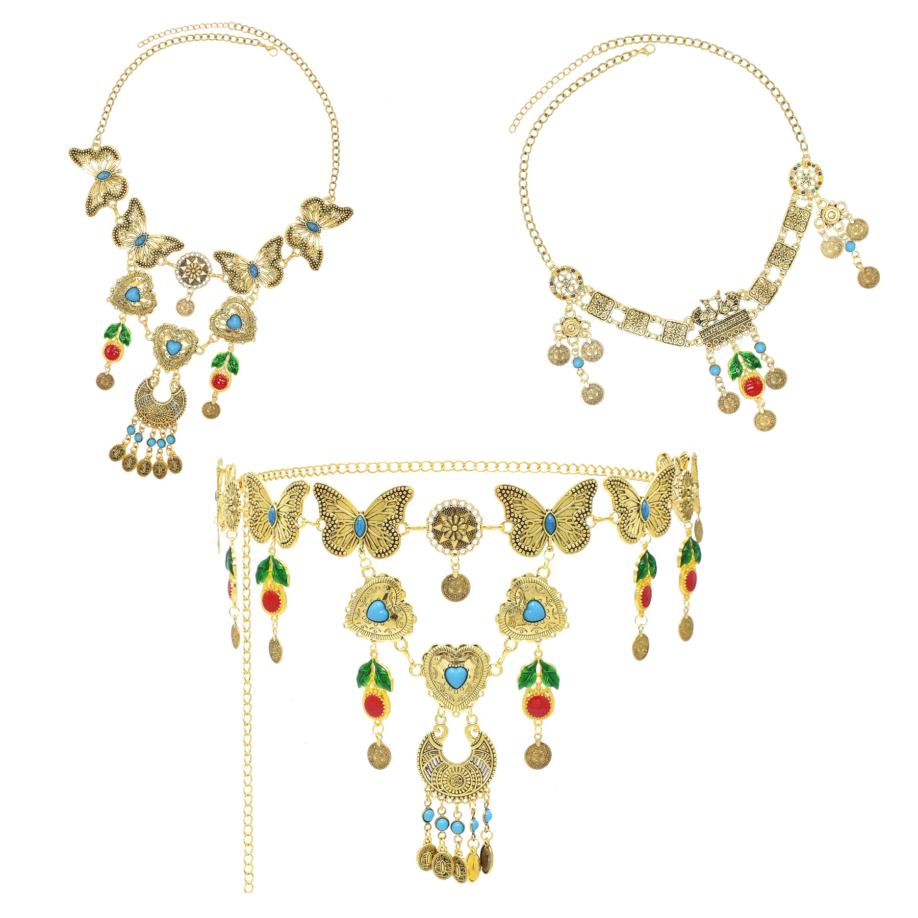 Vintage mariposa dorada moneda colgante cintura vientre cadenas collar frente accesorios para el cabello para mujeres nuevo conjunto de joyería bohemia