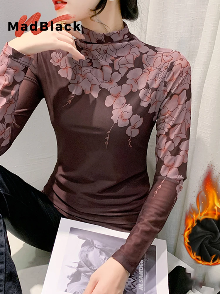 

MadBlack-женская флисовая футболка в европейском стиле, сексуальная водолазка с цветочным принтом, тонкая футболка S-3XL в стиле ретро с длинными рукавами, осень 2023, T5N212CC