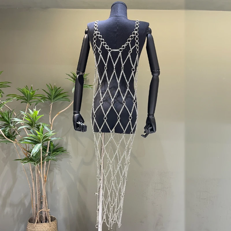 فستان مثير للنادي مصنوع يدويًا شفاف من خلال سلسلة معدنية للجسم للعطلات للنساء بدون أكمام فستان طويل ملابس Y2k Fashion #3