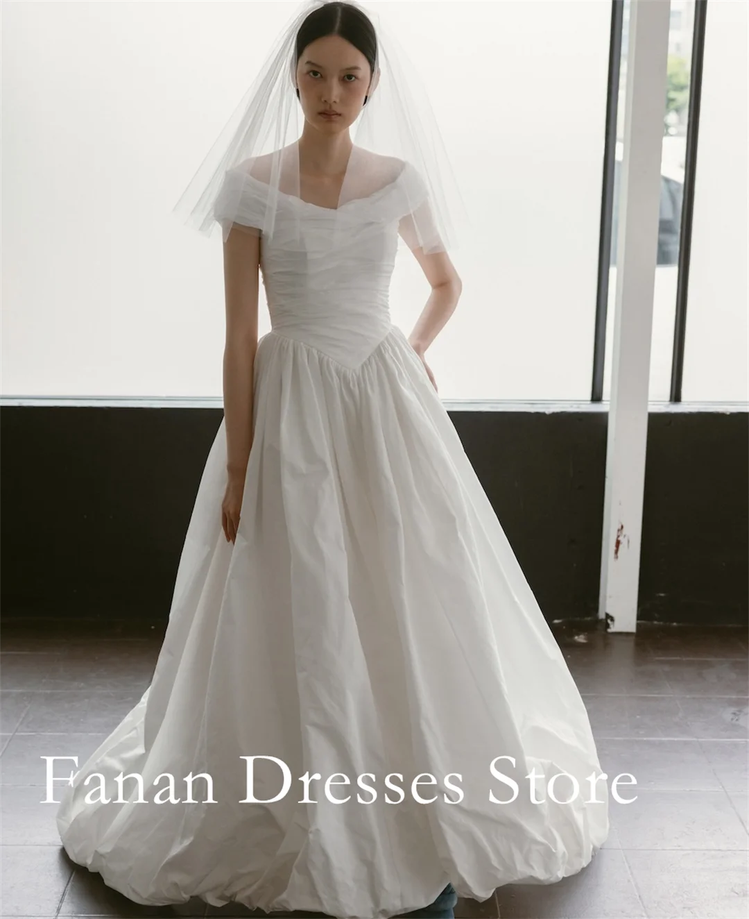 Off The Shoulder Tulle Short Sleeve Wedding Dress Ruched Fitted Bodice Voluminous A Line Ballgown Minimalist Vintage Bridal Gown