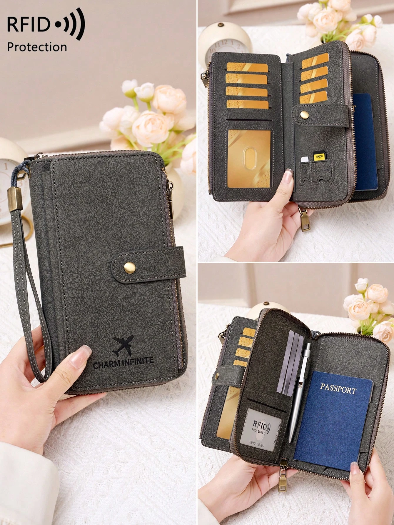 

Держатель для паспорта с защитой от RFID, дорожный кошелек из искусственной кожи, органайзер для документов с несколькими отделениями для карт, с ремешком на запястье для женщин и мужчин, серый