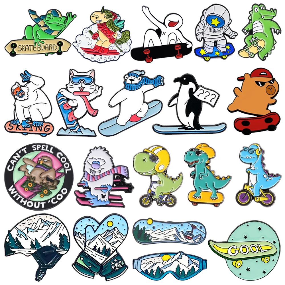 Cartoon Animal Ski Enamel Brooch Cute Owl Snow Monster Dinosaur Cat Penguin Capybara Frog Astronaut Skateboard Lapel Badges Gift