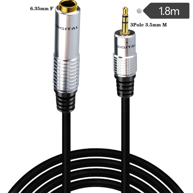 1.8m Metal Shell 6.35mm Female to DC3.5mm Male 3-Pole Stereo Audio Cable Microphone Earphone Karaoke System Adapter Cable
