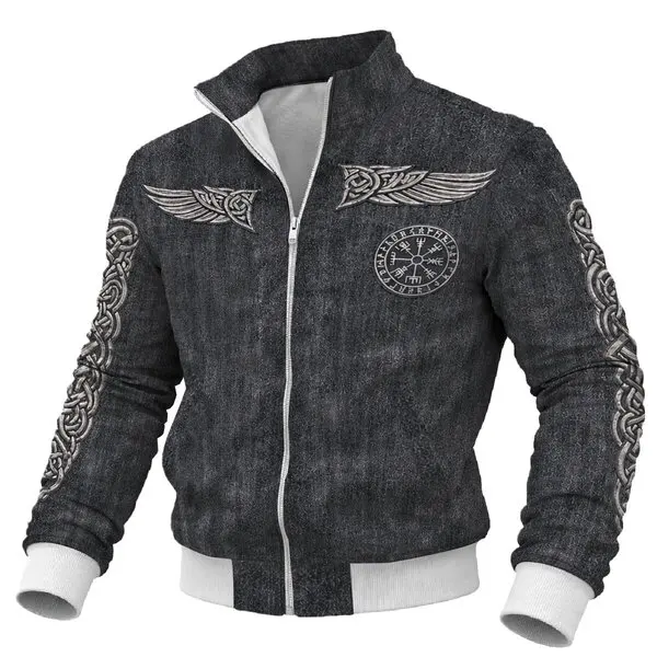 Denim jacket with Nordic skull print and Nordic mythological Celtic pattern, men's style, retro style, high neck, aged wash, per