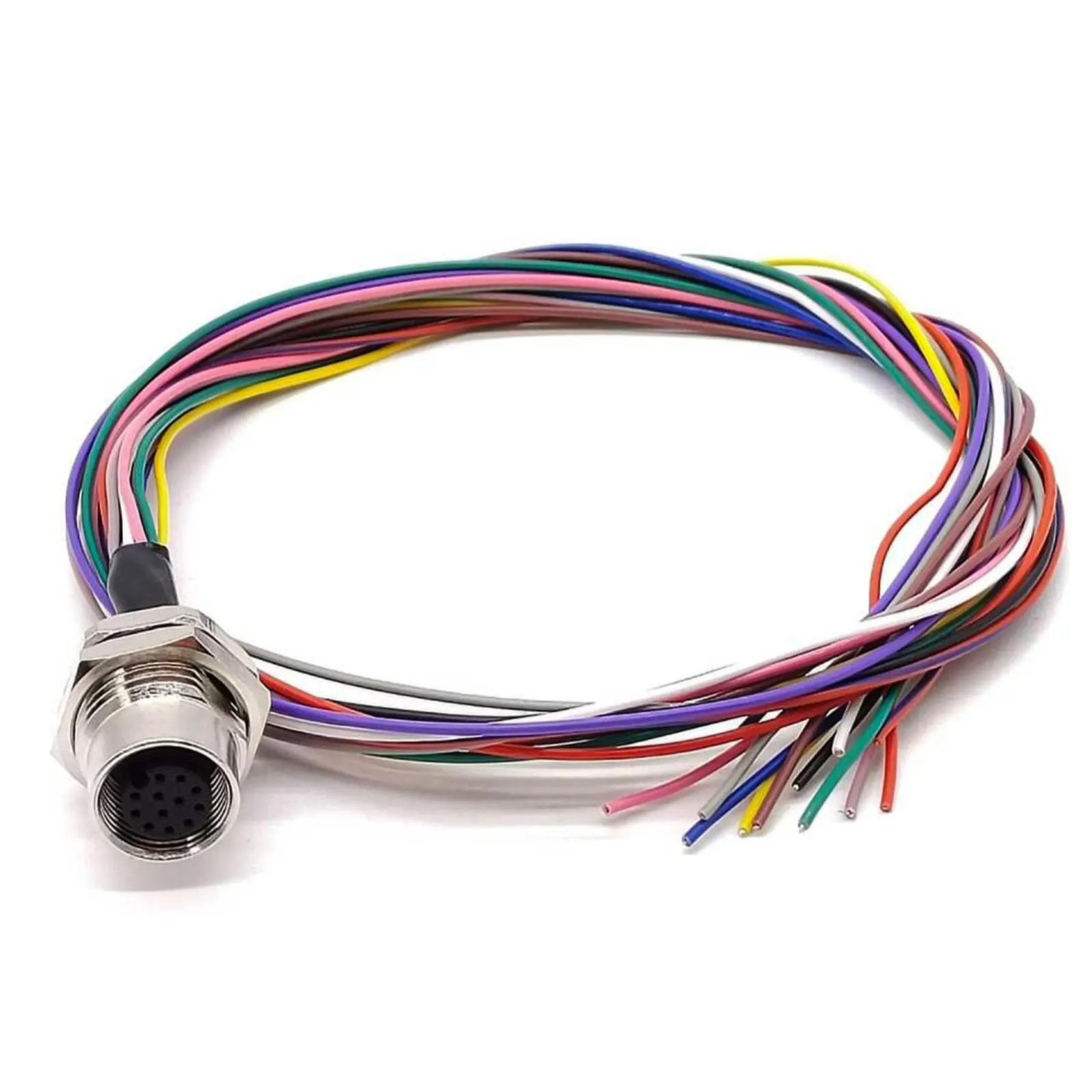 M12 12-Pin Female Connector Front Mount with Single Wire Harness A-Code Shielded AWG26 50cm Length for Electronics Market