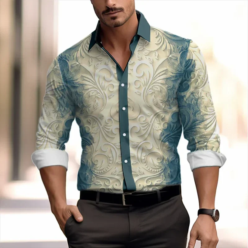 

Luxury Men's Shirts Fashionable Retro Lines 3D Printed Long Sleeve Top Lapel Button Down Shirt Party Club Cardigan Shirt