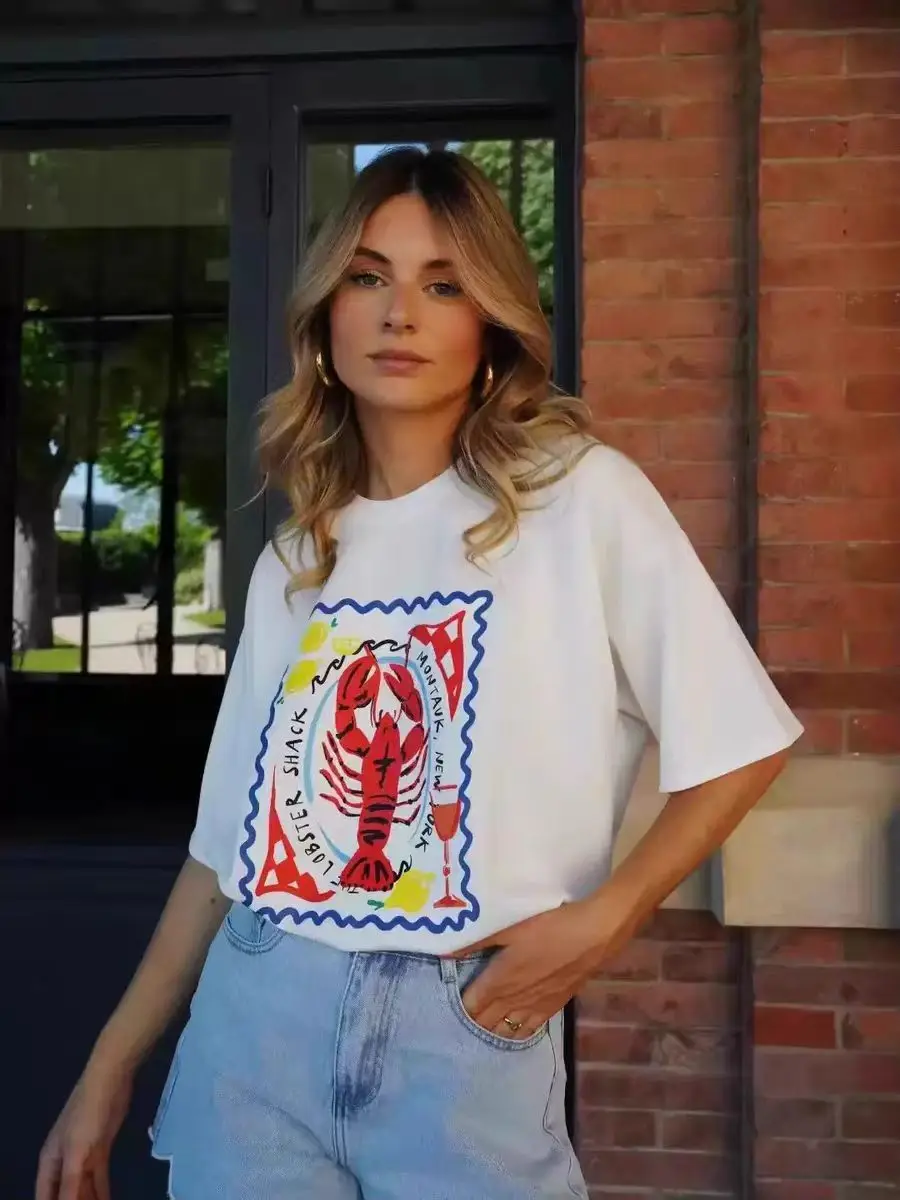 Vacation Fisherman Tshirts Women Y2K Aesthetic Travel Tees Lobster Print American Retro Short Sleeve High Street Casual Woman