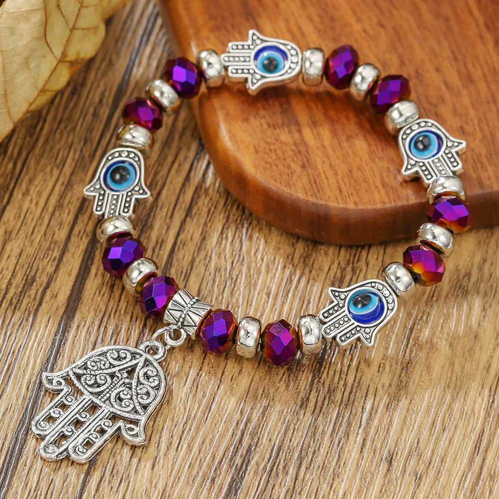 

Classic Turkish Fatima Hand Evil Eye Pendant Bracelets For Woman Man Fashion Crystal Beaded Elastic Bangles Handmade Jewelry
