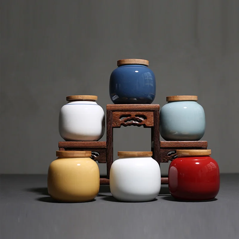 Solid Color Ceramic Tea Can with Bamboo Lid Portable Travel Storage Box Sealed Coffee Candy Jar Decoration Mini Jar Home Decor