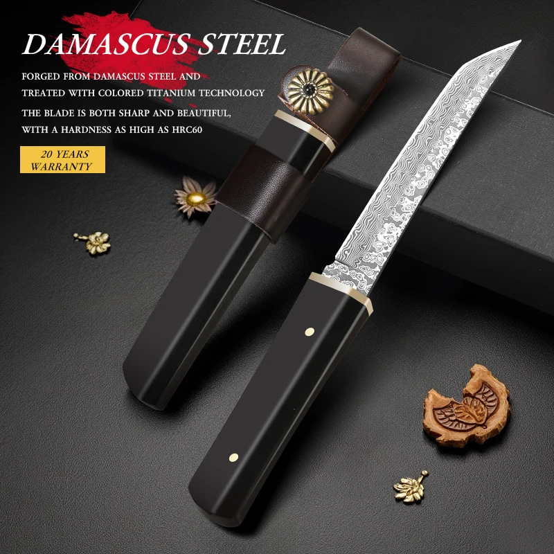 High-grade high hardness sharp Damascus steel household fruit knife Outdoor camping portable cutting meat survival rope knife